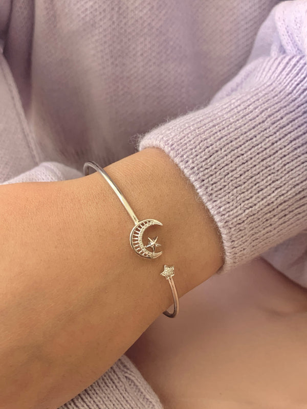 LuvMyJewelry Starkissed Crescent Adjustable Diamond Cuff In Sterling Silver