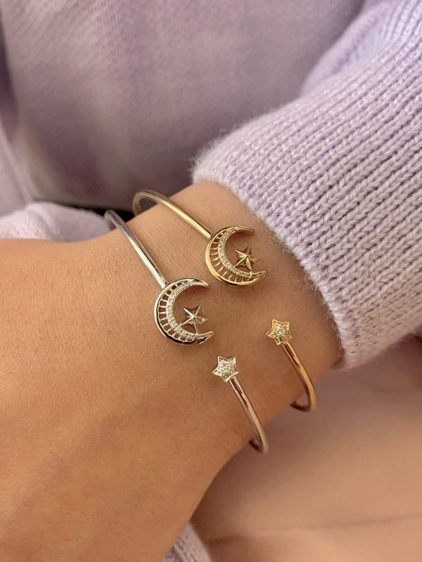 LuvMyJewelry Starkissed Crescent Adjustable Diamond Cuff In Sterling Silver