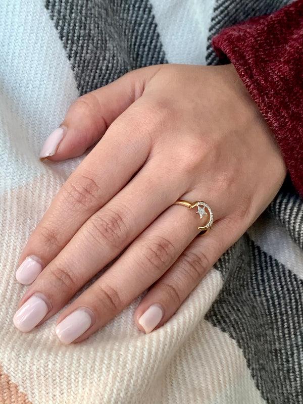LuvMyJewelry Starkissed Crescent Diamond Ring In 14K Yellow Gold Vermeil On Sterling Silver