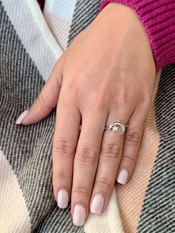 LuvMyJewelry Starkissed Crescent Diamond Ring In Sterling Silver