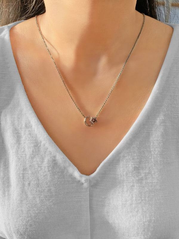 LuvMyJewelry Starkissed Moon Diamond Necklace In 14K White Gold