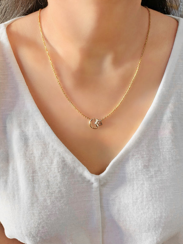 LuvMyJewelry Starkissed Moon Diamond Necklace In 14K Yellow Gold