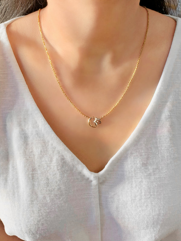 LuvMyJewelry Starkissed Moon Diamond Necklace In 14K Yellow Gold Vermeil On Sterling Silver