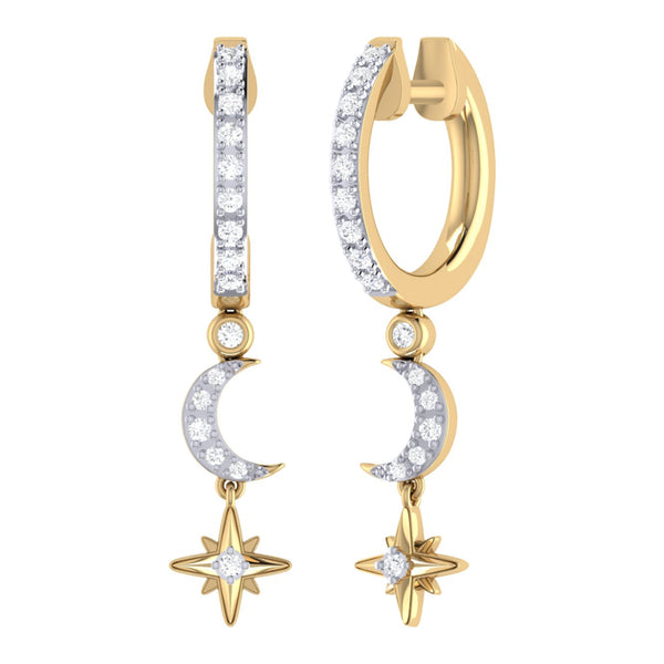 LuvMyJewelry Starlit Crescent Diamond Hoop Earrings in 14K Yellow Gold