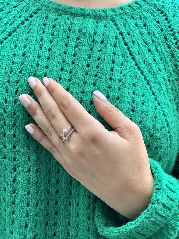 LuvMyJewelry Starlit Crescent Double Band Diamond Ring In 14K White Gold