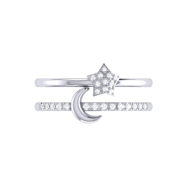 LuvMyJewelry Starlit Crescent Double Band Diamond Ring In 14K White Gold