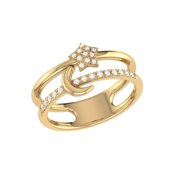 LuvMyJewelry Starlit Crescent Double Band Diamond Ring in 14K Yellow Gold