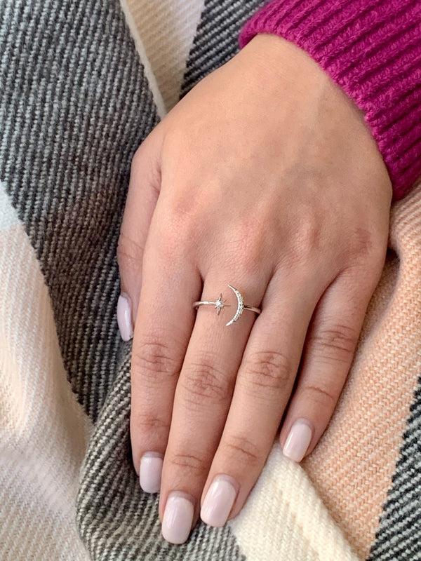 LuvMyJewelry Starlit Moon Diamond Ring In 14K White Gold