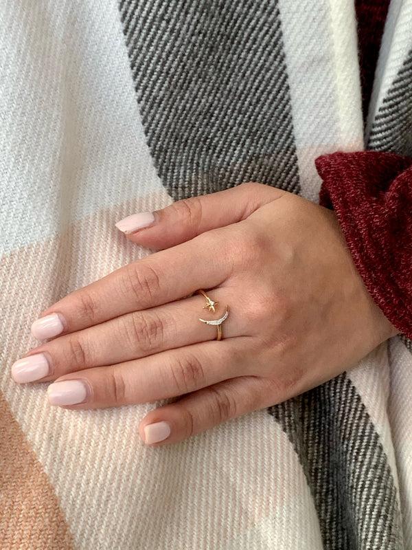 LuvMyJewelry Starlit Moon Diamond Ring In 14K Yellow Gold