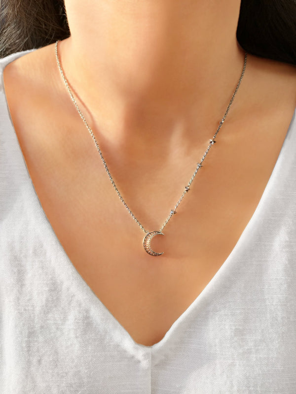 LuvMyJewelry Starry Lane Moon Diamond Necklace In 14K White Gold