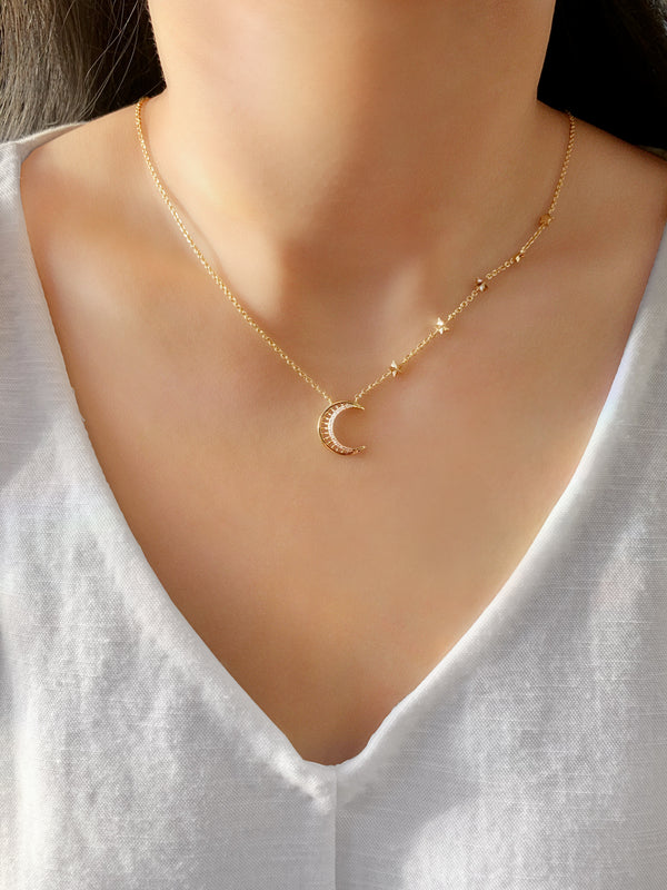 LuvMyJewelry Starry Lane Moon Diamond Necklace In 14K Yellow Gold Vermeil On Sterling Silver