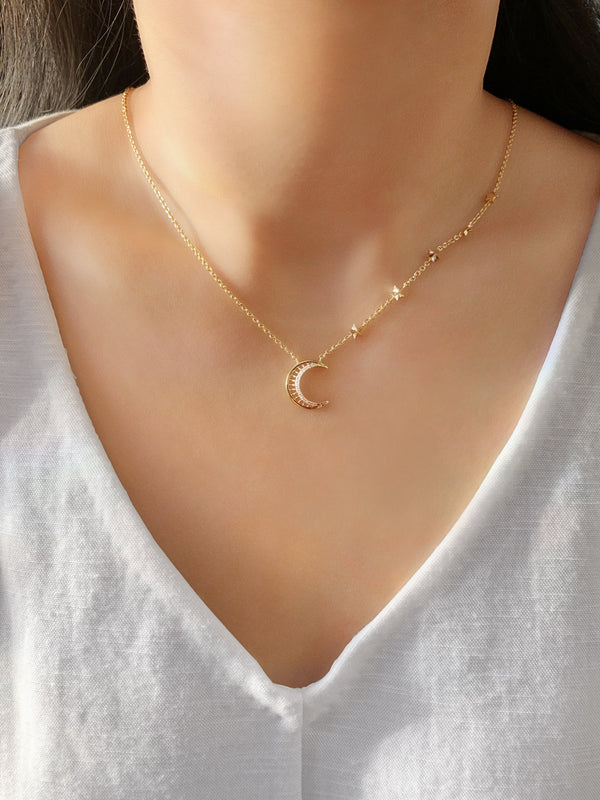 LuvMyJewelry Starry Lane Moon Diamond Necklace In 14K Yellow Gold