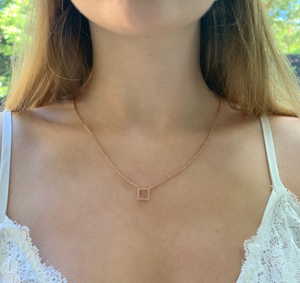 LuvMyJewelry Street Light Diamond Square Necklace In 14K Rose Gold Vermeil On Sterling Silver