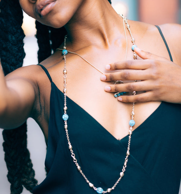 LuvMyJewelry Summer Nights Turquoise Layered Necklace In 14K Yellow Gold Plated Sterling Silver