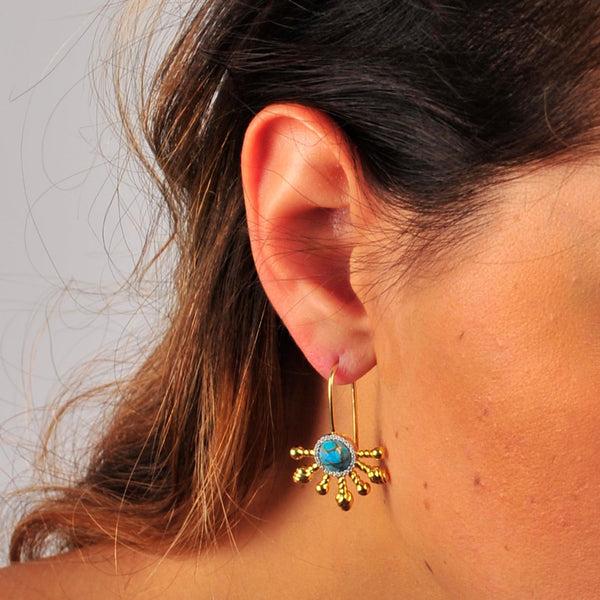 LuvMyJewelry Sun-Day Slide On Turquoise & Diamond Half Sun Earrings In 14K Yellow Gold Plated Sterling Silver