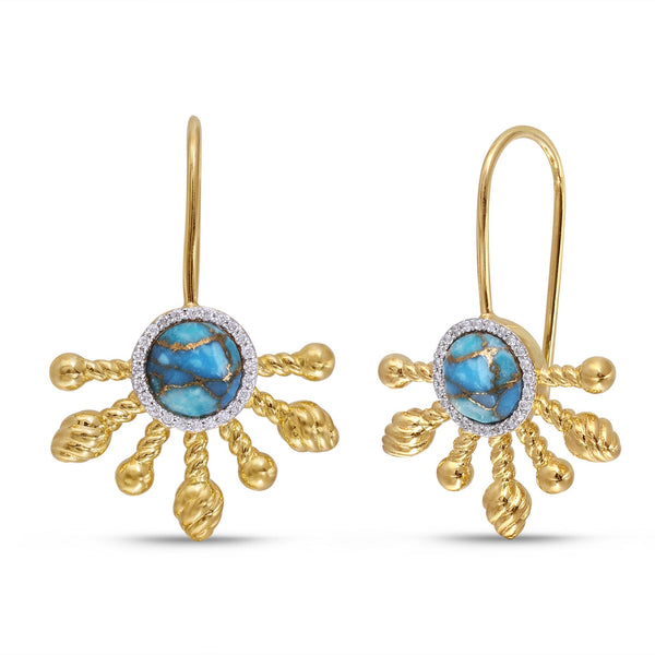 LuvMyJewelry Sun-Day Slide On Turquoise & Diamond Half Sun Earrings in 14K Yellow Gold Plated Sterling Silver
