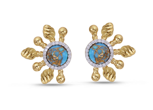 LuvMyJewelry Sun-Day Turquoise & Diamond Half Sun Stud Earrings In 14K Yellow Gold Plated Sterling Silver
