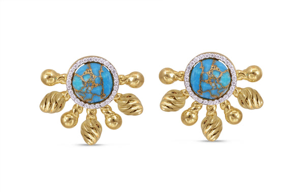 LuvMyJewelry Sun-Day Turquoise & Diamond Half Sun Stud Earrings in 14K Yellow Gold Plated Sterling Silver