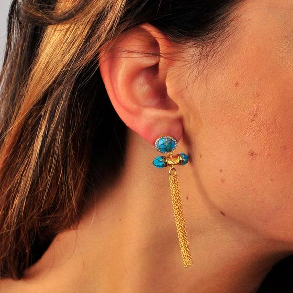LuvMyJewelry Sunkissed Turquoise & Diamond Fringe Earrings In 14K Yellow Gold Plated Sterling Silver