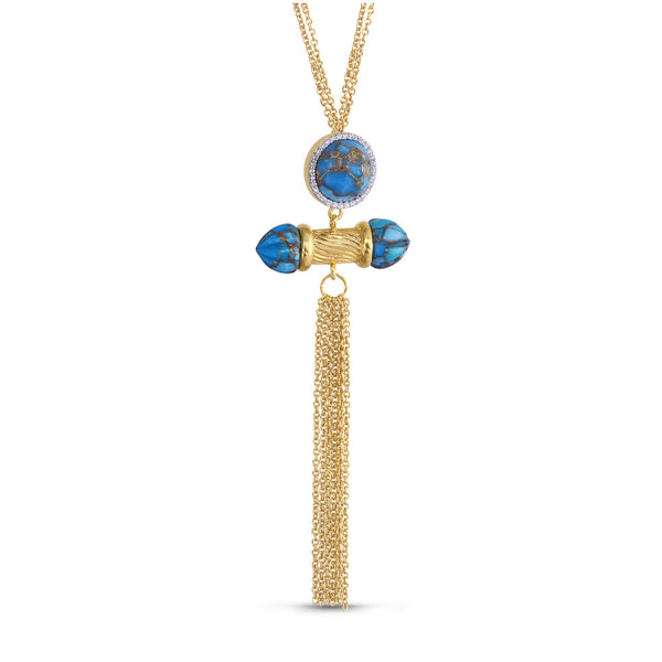 LuvMyJewelry Sunkissed Turquoise & Diamond Fringe Necklace In 14K Yellow Gold Plated Sterling Silver