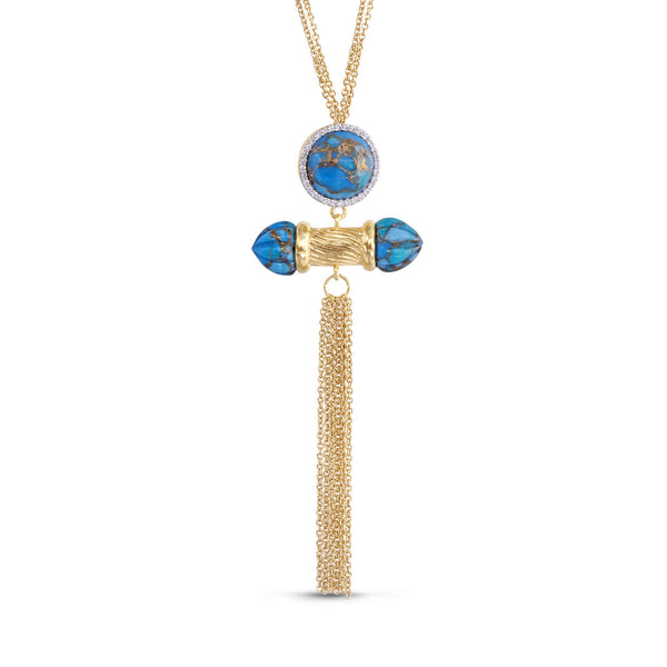 LuvMyJewelry Sunkissed Turquoise & Diamond Fringe Necklace In 14K Yellow Gold Plated Sterling Silver