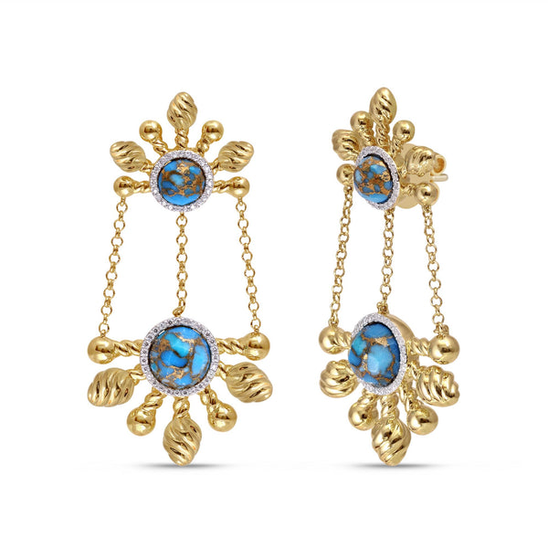 LuvMyJewelry Sunny Cascade Turquoise & Diamond Half Sun Earrings in 14K Yellow Gold Plated Sterling Silver