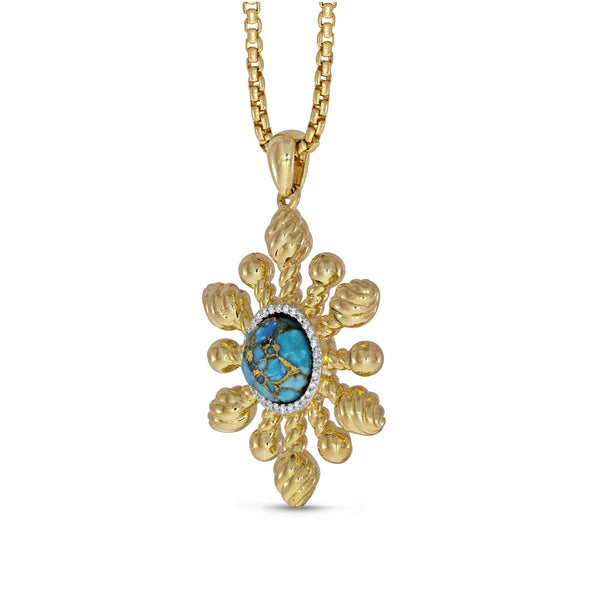 LuvMyJewelry Sunny Side Up Turquoise & Diamond Sun Pendant In 14K Yellow Gold Plated Sterling Silver
