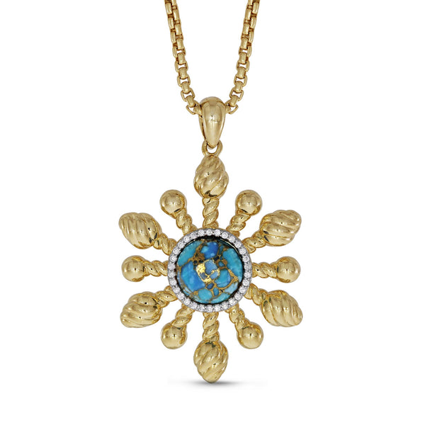 LuvMyJewelry Sunny Side Up Turquoise & Diamond Sun Pendant in 14K Yellow Gold Plated Sterling Silver