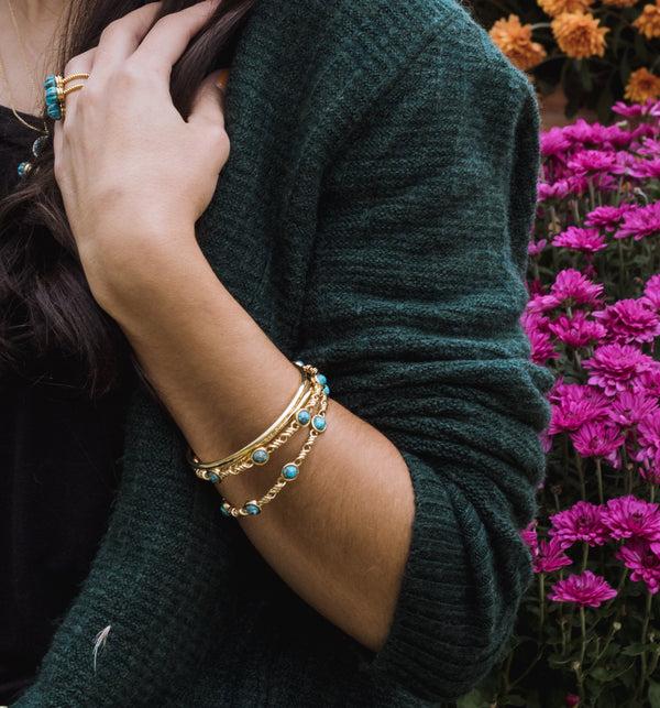 LuvMyJewelry Sunshine & Sea Turquoise Stackable Bangles In 14K Yellow Gold Plated Sterling Silver