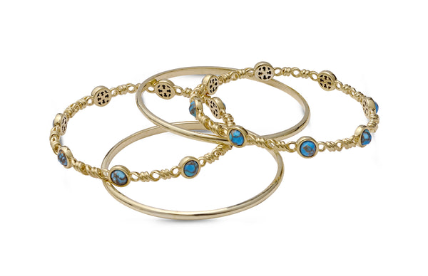 LuvMyJewelry Sunshine & Sea Turquoise Stackable Bangles In 14K Yellow Gold Plated Sterling Silver