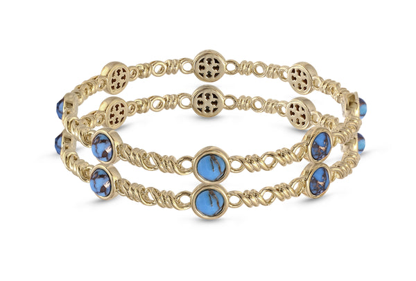 LuvMyJewelry Sunshine & Sea Turquoise Stackable Bangles In 14K Yellow Gold Plated Sterling Silver