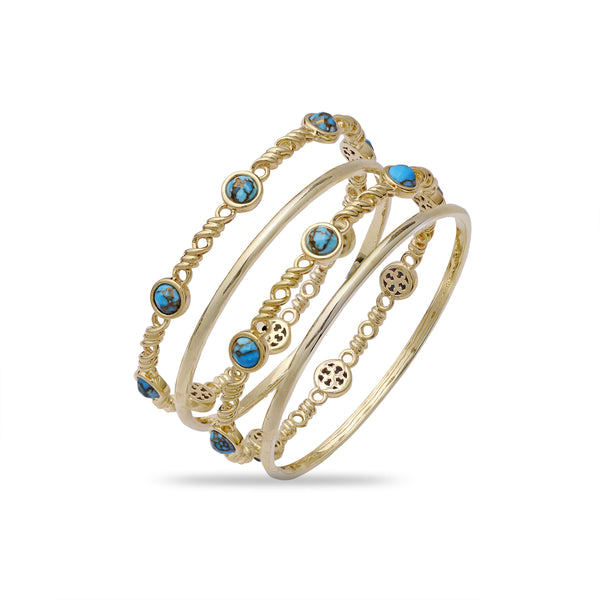 LuvMyJewelry Sunshine & Sea Turquoise Stackable Bangles in 14K Yellow Gold Plated Sterling Silver