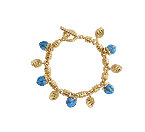 LuvMyJewelry Sunshine Twist Turquoise Charms Bracelet in 14K Yellow Gold Plated Sterling Silver