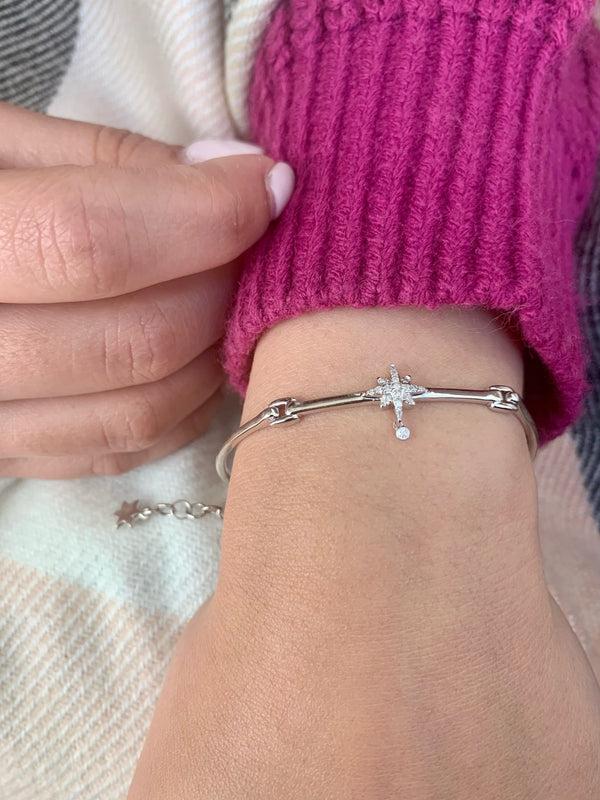 LuvMyJewelry Supernova Bezel Drop Diamond Bangle In Sterling Silver