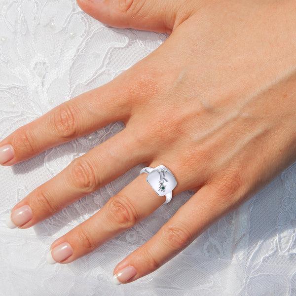 LuvMyJewelry Taurus Bull Emerald & Diamond Constellation Signet Ring In 14K White Gold