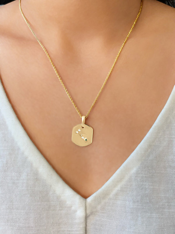 LuvMyJewelry Taurus Bull Emerald & Diamond Constellation Tag Pendant Necklace In 14K Yellow Gold