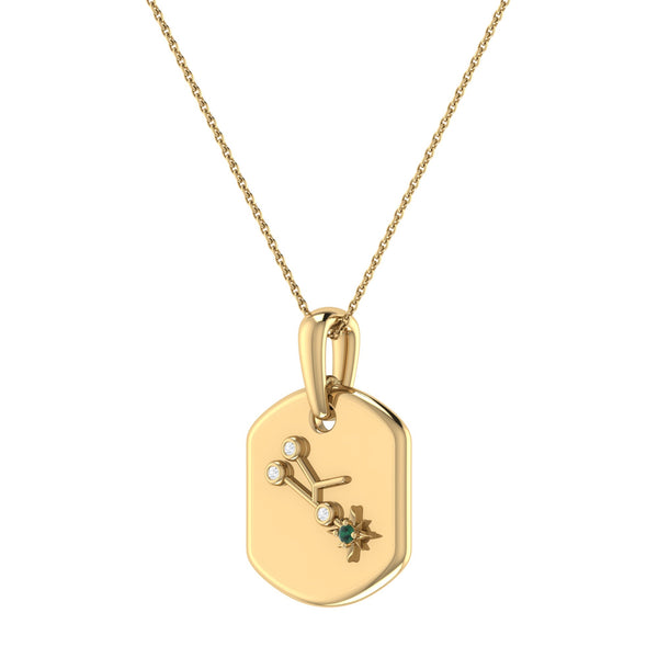 LuvMyJewelry Taurus Bull Emerald & Diamond Constellation Tag Pendant Necklace In 14K Yellow Gold