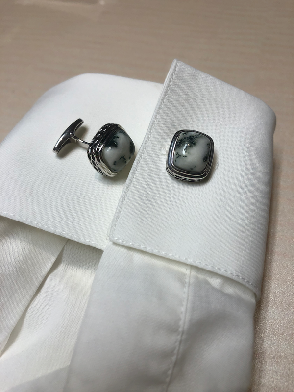 LuvMyJewelry Tree Agate Stone Cufflinks In Black Rhodium Plated Sterling Silver