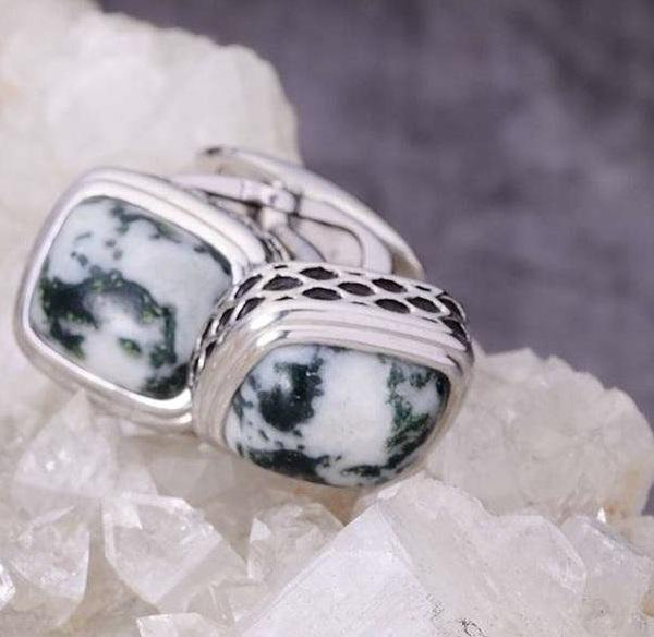 LuvMyJewelry Tree Agate Stone Cufflinks In Black Rhodium Plated Sterling Silver