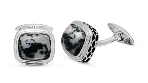 LuvMyJewelry Tree Agate Stone Cufflinks In Black Rhodium Plated Sterling Silver