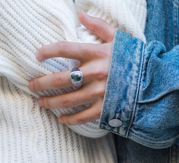 LuvMyJewelry Tree Agate Stone Signet Ring In Black Rhodium Plated Sterling Silver