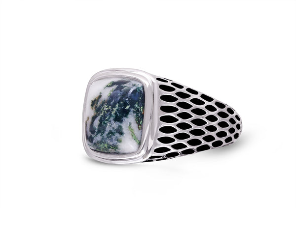 LuvMyJewelry Tree Agate Stone Signet Ring In Black Rhodium Plated Sterling Silver