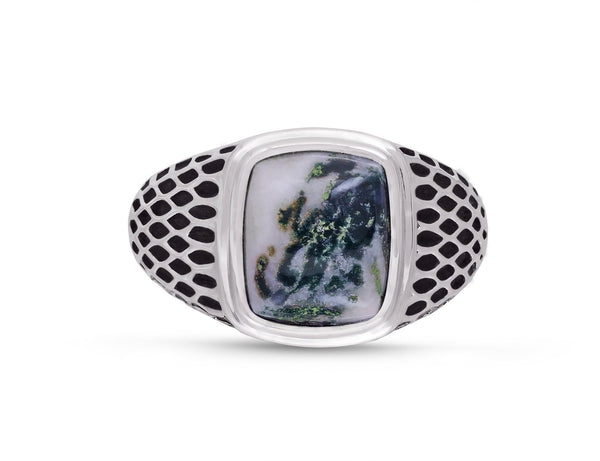 LuvMyJewelry Tree Agate Stone Signet Ring in Black Rhodium Plated Sterling Silver