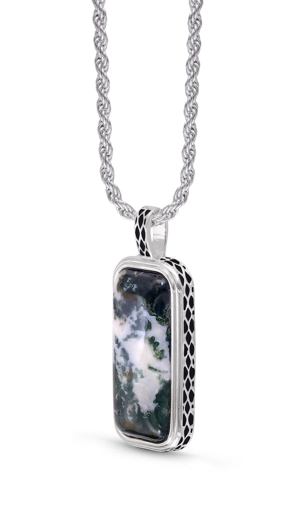 LuvMyJewelry Tree Agate Stone Tag In Black Rhodium Plated Sterling Silver
