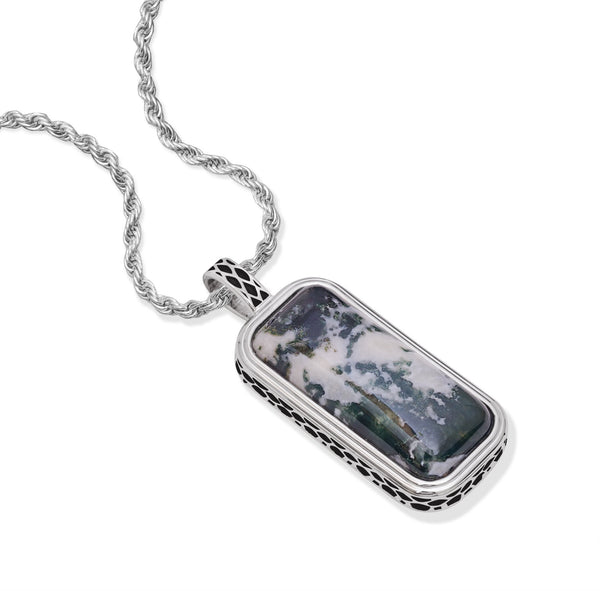 LuvMyJewelry Tree Agate Stone Tag In Black Rhodium Plated Sterling Silver