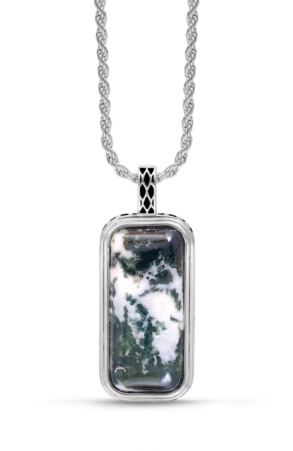 LuvMyJewelry Tree Agate Stone Tag in Black Rhodium Plated Sterling Silver