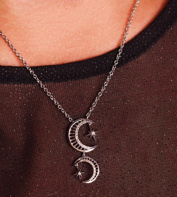 LuvMyJewelry Twin Nights Crescent Diamond Necklace In 14K White Gold