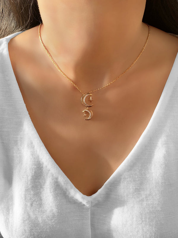 LuvMyJewelry Twin Nights Crescent Diamond Necklace In 14K Yellow Gold