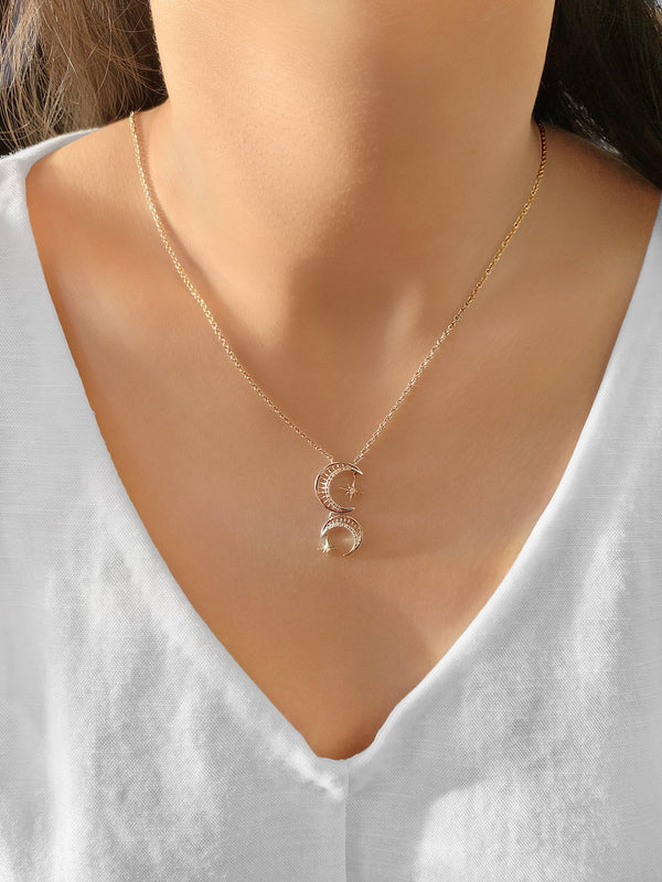 LuvMyJewelry Twin Nights Crescent Diamond Necklace In Sterling Silver