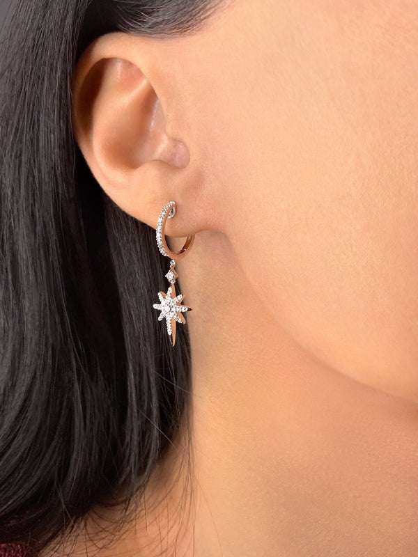 LuvMyJewelry Twinkle Star Diamond Hoop Earrings In 14K White Gold